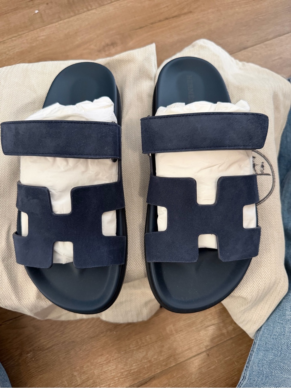 Hermes Navy Suede Oran-Style Slide Sandals